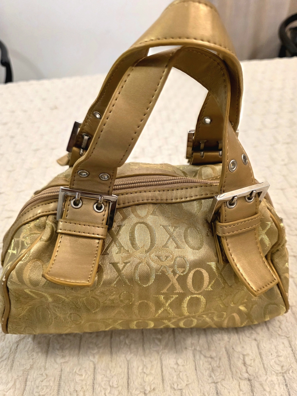 XOXO Gold Monogram Satchel Handbag Y2K Vintage Metallic Top Handle Buckle Bag 9"